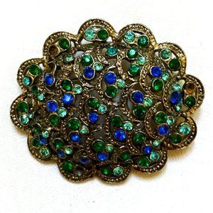 *TAKE 1/2 OFF: Peacock coloured vintage rhinestone brooch signed Hollycraft